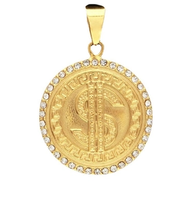 Hip hop gold dollar sign pendant with sparkling rhinestones and Greek key pattern