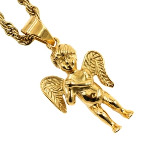 Classic gold-plated cherub angel pendant necklace with a polished rope chain