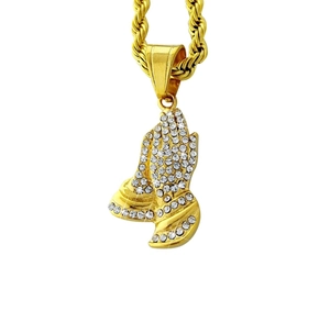 Hip Hop Praying Hands Pendant Only Without Chain Stainless Steel Gold Plated Rhinestone Religious Jewelry For Men Women