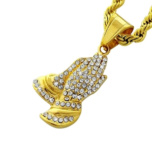 Classic hip-hop prayer hands pendant in gold finish with sparkling cubic zirconia