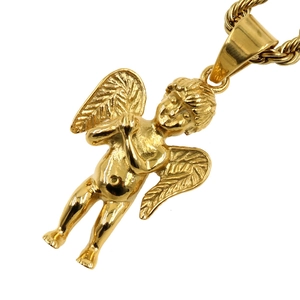 Classic gold-plated angel cupid pendant with wings and prayer pose on a rope chain