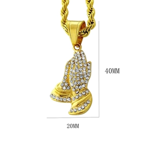 Classic hip hop gold plated praying hands pendant with pavé stones and twist chain