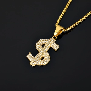 Collier hip-hop avec pendentif signe dollar doré et strass brillants pour homme et femme