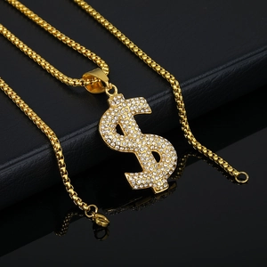 Collier hip hop avec pendentif signe dollar doré orné de strass brillants pour hommes
