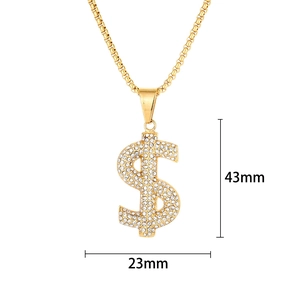 Collier pendentif signe dollar doré avec cristaux et chaîne box, hauteur de 43mm