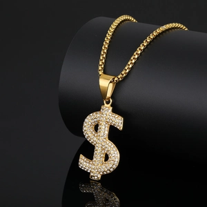 Collier Pendentif Signe Dollar en Acier Inoxydable Hip Hop pour Hommes Femmes Or Strass Symbole de l'Argent Bijoux Punk