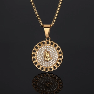 Vintage gold plated stainless steel praying hands medallion necklace with cubic zirconia
