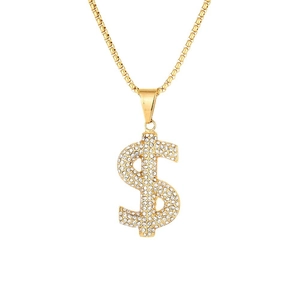 Collier signe dollar doré avec strass scintillants sur chaîne box sur fond blanc pur
