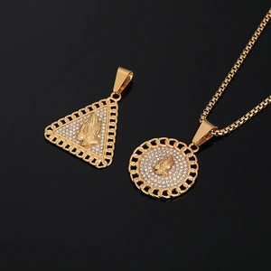 Vintage Stainless Steel Praying Hands Pendant Only Without Chain For Men Women Gold Plated Rhinestone Hip Hop Religious Jewelry