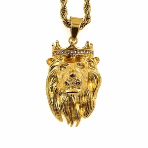 Pendentif Seul (Sans Chaîne) Tête de Lion à Couronne Hip Hop Acier Inoxydable 316 Or Strass Bijoux Punk Homme
