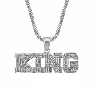 Κολιέ με μενταγιόν KING ασημί hip hop με λαμπερά στρας και χοντρή στρογγυλή αλυσίδα