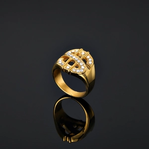 Stainless Steel Dollar Sign Hip Hop Ring For Men Gold Plated Hollow Rhinestone Inlaid Street Fashion Jewelry Finger Ring
