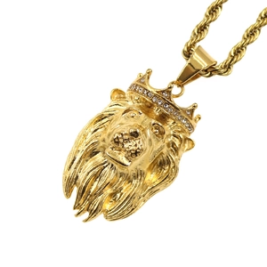 Collier pendentif tête de lion en or de style hip hop avec couronne et chaîne