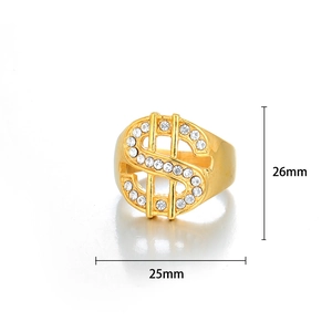 Macro detail of gold dollar sign ring with dimensions showing 26mm by 25mm size