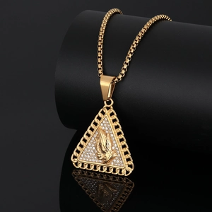 Vintage gold-plated stainless steel triangle pendant necklace with praying hands and rhinestones