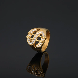 Hip hop gold dollar sign ring with sparkling crystals for men in streetwear style