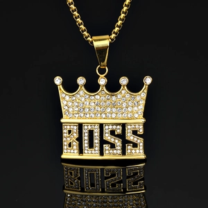 Collana con Pendente BOSS a Corona in Oro Acciaio Inossidabile 316 Hip Hop Punk per Uomo Donna Gioielli con Strass