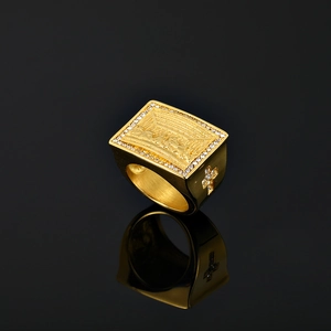 Classic vintage gold plated stainless steel signet ring with Last Supper relief and zircons