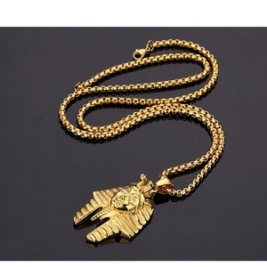 Golden Egyptian Pharaoh mask pendant necklace with box chain and crystal accents