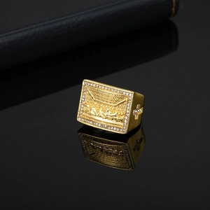 Classic religious ring featuring Last Supper relief and sparkling zircon border