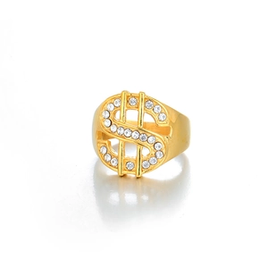 Hip hop gold dollar sign ring with sparkling white rhinestones for street style