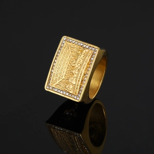 Classic gold square men's ring with The Last Supper relief and sparkling zircon inlay