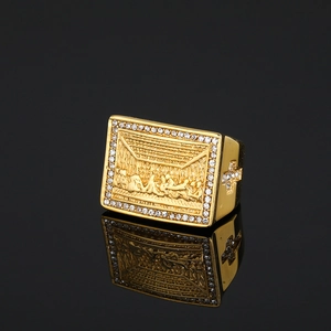 Vintage Gold Plated Stainless Steel Last Supper Relief Ring For Men Women Religious Cross Rhinestone Signet Ring Jewelry
