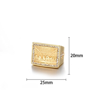 Detail of Last Supper relief on gold men's signet ring with cubic zirconia border