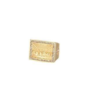 Classic gold-plated The Last Supper ring for men with clear cubic zirconia stones