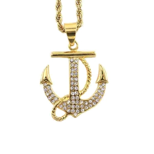 Pendentif Ancre en Acier Inoxydable Plaqué Or Seul Sans Chaîne Iced Out Strass Bijoux Nautiques Pour Hommes Et Femmes