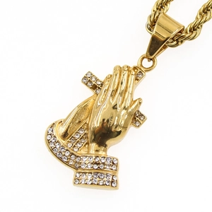 Vintage gold cross and praying hands pendant necklace with sparkling stones and twist chain