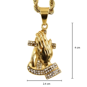 Iced out gold praying hands cross pendant necklace with 4cm height and rope chain