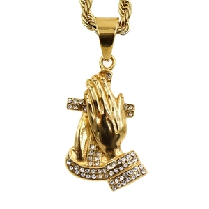 Stainless Steel Praying Hands Cross Pendant Gold Rhinestone Vintage Hip Hop Religious Charm Jewelry Pendant Only Without Chain