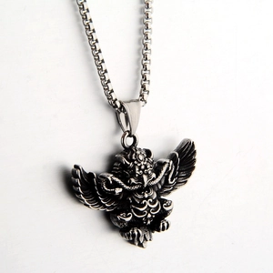 Vintage winged bird pendant necklace in black silver finish with box chain for men