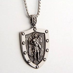 Collana con ciondolo scudo Arcangelo Michele in acciaio inossidabile argento con catena