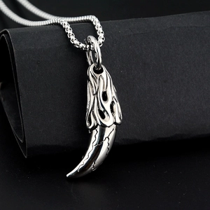 Vintage stainless steel wolf tooth pendant necklace with flame carving for men