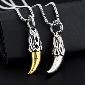 Vintage Stainless Steel Wolf Tooth Pendant Necklace For Men Women Punk Flame Pattern Retro Gothic Jewelry Biker Necklace