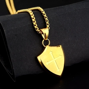 Retro gold shield cross necklace with brushed finish and square box chain for men and women