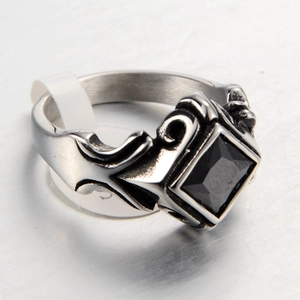 Vintage Gothic Stainless Steel Ring For Men Women Rhombic Square Zirconia Gemstone Hip Hop Punk Engraved Scroll Band Jewelry