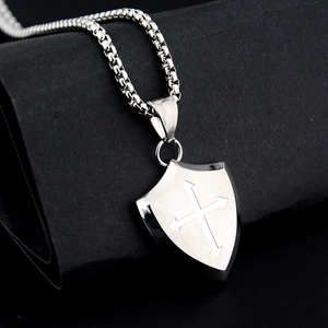 Retro shield cross pendant necklace in silver stainless steel with box chain for men