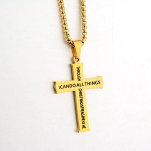 Polished gold stainless steel cross necklace featuring inspirational engraved scripture