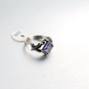 Punk vintage stainless steel ring with a square purple gemstone and retro floral texture