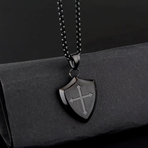 Vintage matte black shield pendant necklace with cross design and stainless steel box chain