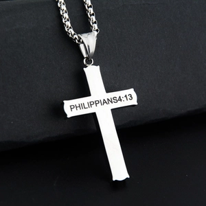 Silver stainless steel cross necklace with Philippians 4:13 engraving for men and women