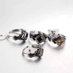 Set of four men's gothic punk rings with square rhinestones in assorted colors