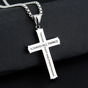 Polished silver stainless steel cross pendant necklace with engraved scripture