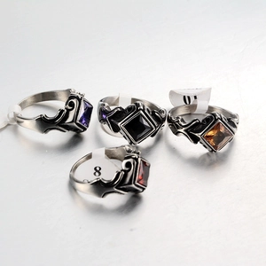 Punk vintage stainless steel ring set with square colorful zircon stones and floral engraving