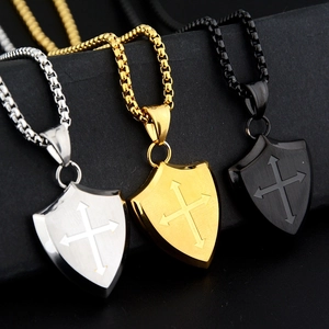 Vintage Stainless Steel Cross Shield Pendant Necklace For Men Women Goth Punk Style Box Chain Religious Jewelry Gift