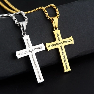 Polished stainless steel cross pendant necklaces in gold and silver with scripture engraving