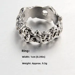 Detailed view of the 1cm wide silver punk ring with unique lava texture and weight specs